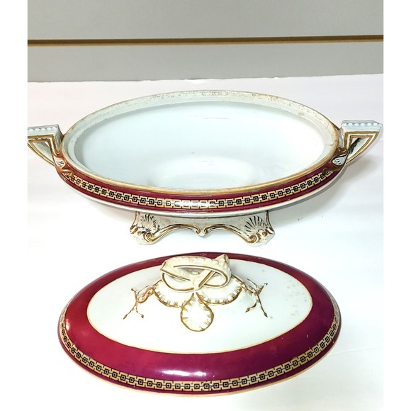 Antique Porcelain candy dish footed pedestal bowl with lid 12 inch - Picture 4 of 12